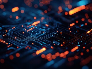 Leinwandbilder - Close-up of a futuristic circuit board with glowing lights, representing advanced technology and innovation in electronics and computing.