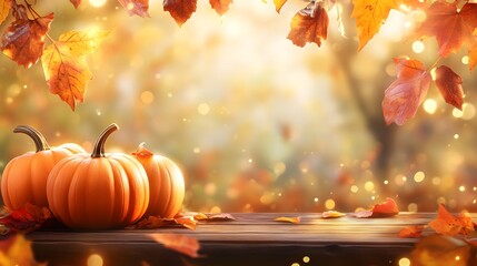 Wall Mural - Autumn Pumpkins On Wooden Table With Falling Leaves And Bokeh Lights