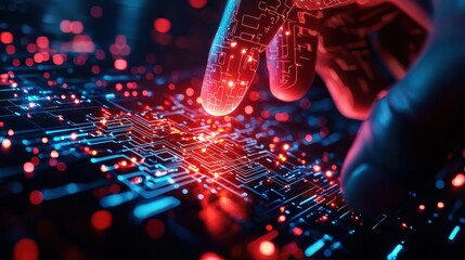 Aufkleber - Close-up of a hand interacting with glowing digital circuits, illustrating futuristic technology and human-machine interaction.