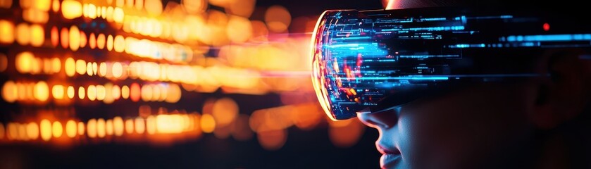Aufkleber - Close-up of a person wearing a futuristic VR headset with digital lights, presenting a cyber technology theme.