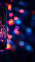 Aufkleber - Close-up of a modern smartphone with colorful bokeh lights in the background, creating a vibrant and festive atmosphere.