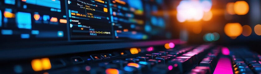 Aufkleber - Close-up view of a computer keyboard with blurred screen displaying code, symbolizing technology, programming and cybersecurity.