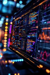 Poster - Close-up shot of multiple computer screens displaying code and data analytics with colorful neon lights in the background, representing cybersecurity.