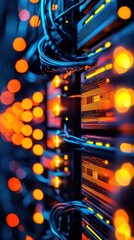 Fototapete - Close-up view of a glowing data center server rack, with vibrant cables and lights. Perfect for technology and network-related themes.