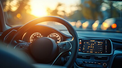 Interior of a Car with Steering Wheel and Dashboard at Sunset