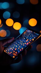 Aufkleber - Hand holding smartphone with colorful bokeh lights in the background, creating a vibrant and futuristic atmosphere.