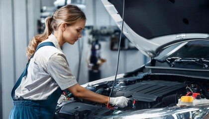 Wall Mural - Car mechanic repairing a car in auto repair shop. Generated image