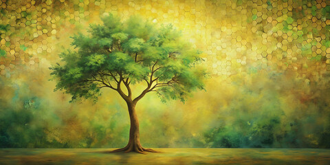 Fantasy fractal tree in muted yellow and green tones against whimsical oil paint mosaic backdrop , fantasy, fractal, tree