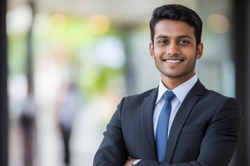 Wall Mural - A man in a suit and tie is smiling for the camera. He is confident and professional. Concept of success and achievement