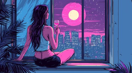 A woman enjoying a glass of wine, gazing at a vibrant cityscape at night.