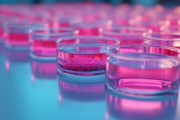 Futuristic biotech lab with rows of petri dishes growing genetically modified organisms under blue light