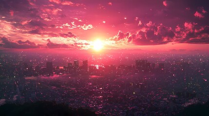 Wall Mural - Stunning sunset over a vibrant city skyline, casting a pink hue across the horizon.