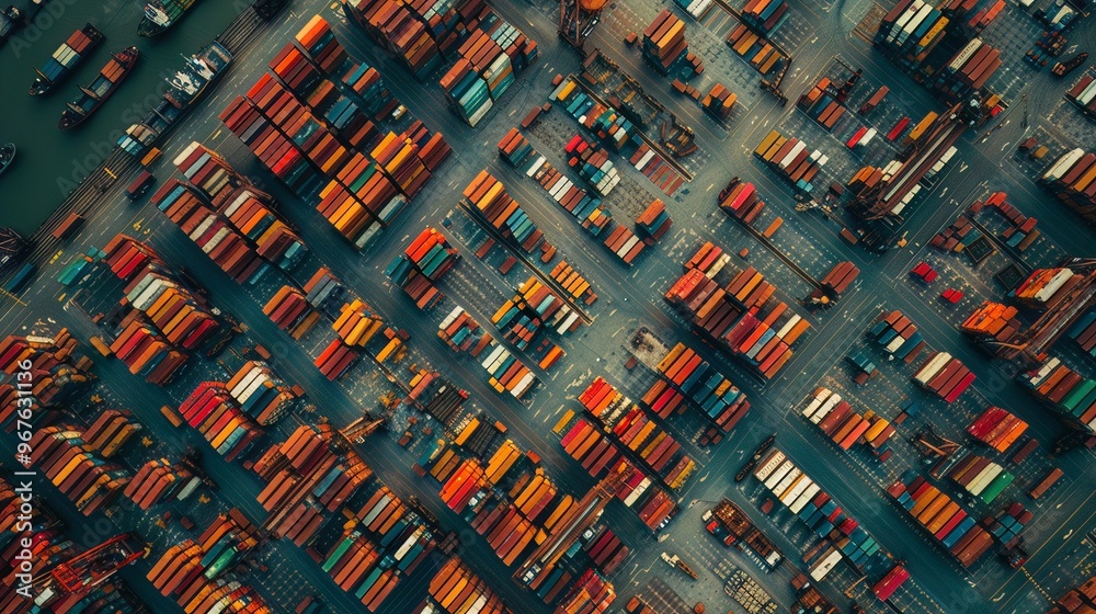 Overhead view of a crowded shipping yard, organizing containers for ...