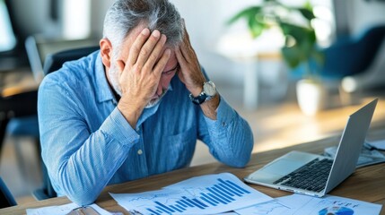 Poster - A middle-aged man sits at a desk covered in graphs and documents, visibly stressed as he rubs his temples in a contemporary office setting filled with natural light