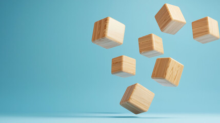Poster - Floating wooden blocks create sense of digital network connections, showcasing modern and minimalist design. light blue background enhances natural wood texture, evoking creativity and innovation