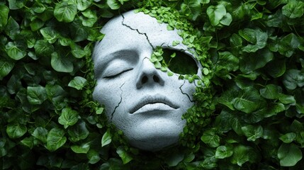 A serene face appears partially covered in vibrant green ivy, with cracks revealing a striking contrast between nature and human form, embodying a unique blend of growth and decay