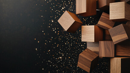 Poster - Wooden block clusters create dynamic visual effect against dark background, enhanced by glowing tech symbols and sparkling particles. This image evokes sense of creativity and innovation