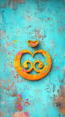 Wall Mural - Abstract Orange Symbol on Cracked Turquoise Wall.