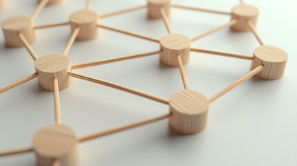 Poster - Wooden blocks forming network of nodes and connections, symbolizing technology and collaboration. This intricate design showcases beauty of simplicity in structure and connectivity
