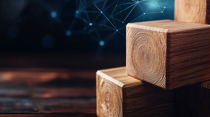 Poster - Wooden blocks with glowing tech symbols create captivating network web, symbolizing innovation and creativity. warm texture of wood contrasts beautifully with digital elements