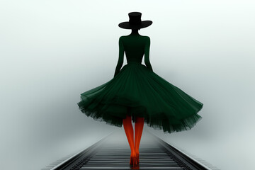 A woman in a green dress is walking on a train track. She is wearing red high heels and a black hat. The image has a moody and mysterious feel to it