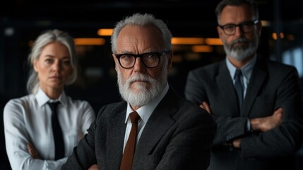 Three business professionals stand proudly in a contemporary office space. The mature man in front exudes authority, flanked by two colleagues who display a strong presence and keen focus