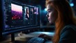 © Anna - A young woman with long red hair is deeply engaged in coding and digital design. The ambient light in the workspace highlights her concentration as she interacts with multiple screens