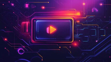 Vibrant digital interface featuring a play button amidst colorful circuitry and neon lights, ideal for tech-related content.