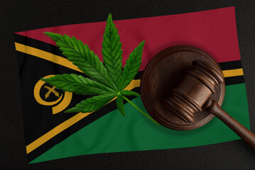 Mallet of the judge on the background of the flag of Vanuatu with a marijuana leaf