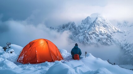 orange tent pitched on snowy mountain with person admiring the view