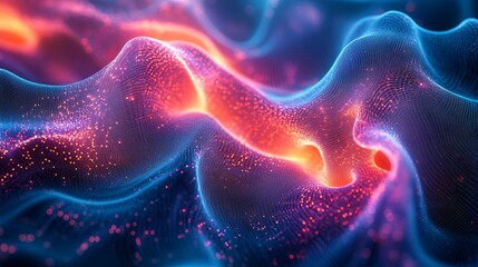 Wall Mural - Abstract Wavy Pattern with Red and Blue Glowing Particles