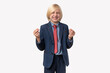 © somemeans - Portrait of a smiling boy in a business suit shows a gesture give me money. Isolated on white background
