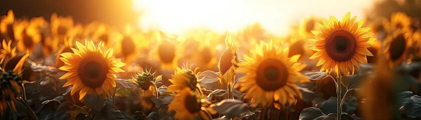 A sunflower field at sunset, with golden light illuminating the bright yellow petals