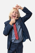 © somemeans - Portrait of a young smiling businessman making a frame with her fingers. Vertical frame