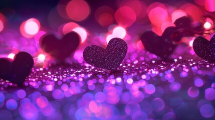 A vibrant, romantic scene of shimmering heart-shaped decorations against glowing purple and pink bokeh lights.