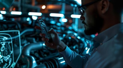 A man in a white shirt and glasses uses a smartphone while standing in front of a car engine.