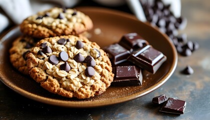 Delicious homemade chocolate chip oatmeal cookies beautifully arranged on a rustic brown plate