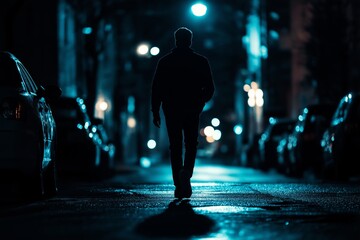 Wall Mural - A man walks down a street at night, with cars parked along the side. The scene is dark and quiet, with only the man's silhouette visible. Scene is somber and mysterious, as the darkness