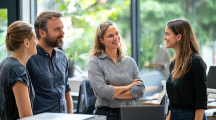 Team members working side by side in an office or workshop, demonstrating collaboration and mutual assistance