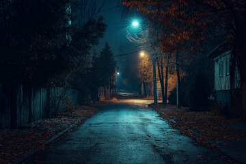 Wall Mural - A dark street with a street light and a house in the background