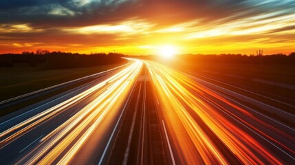 Poster - A sunset shot of an expressway with dynamic light trails from moving cars, highlighting the speed and energy of the roadway.