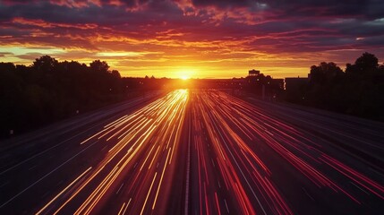 Poster - A sunset shot of an expressway with dynamic light trails from moving cars, highlighting the speed and energy of the roadway.