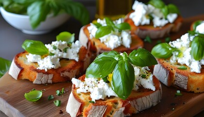 Delicious bruschetta topped with creamy goat cheese, fresh basil, and a drizzle of olive oil, ideal for starters or light meals