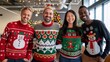 © Daria Lukoiko - Four coworkers smiling in festive christmas and new year sweaters at the office, embodying unity and team spirit. Joyful and diverse, they spread holiday cheer