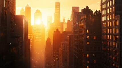 Aufkleber - A sunset view of tall city buildings with the skyline bathed in golden light, capturing the transition from day to night in a vibrant urban area