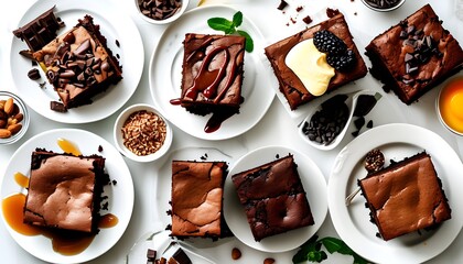 Wall Mural - Delicious assortment of freshly baked brownies topped with vibrant ingredients on a white plate