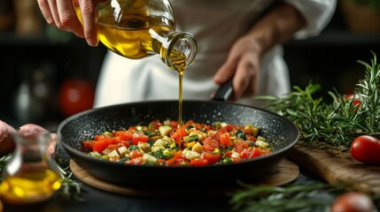 Hand pouring olive oil over a vegetable stir-fry in a pan