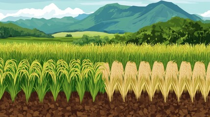 Poster - A traditional rice field with a variety of rice stalks in different stages of growth, illustrating the process from planting to harvest.