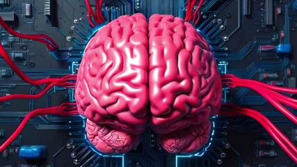 Poster - A human brain with intricate folds sits in a circuit board, connected to multiple red wires, suggesting the concept of artificial intelligence.