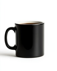 A sleek black coffee mug filled with dark coffee, perfect for morning routines or coffee breaks in a minimalist setting.